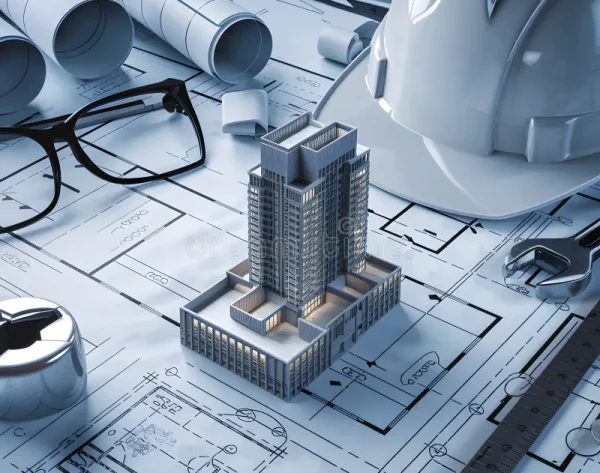 meticulously-crafted-building-model-expansive-blueprints-nearby-construction-tools-like-hard-hat-wrench-ruler-accentuate-350154410